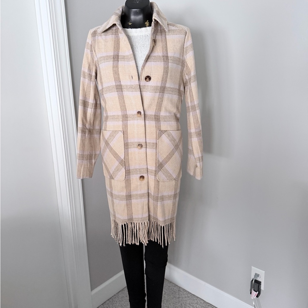 7 For All Mankind Beige Plaid Trench Coat